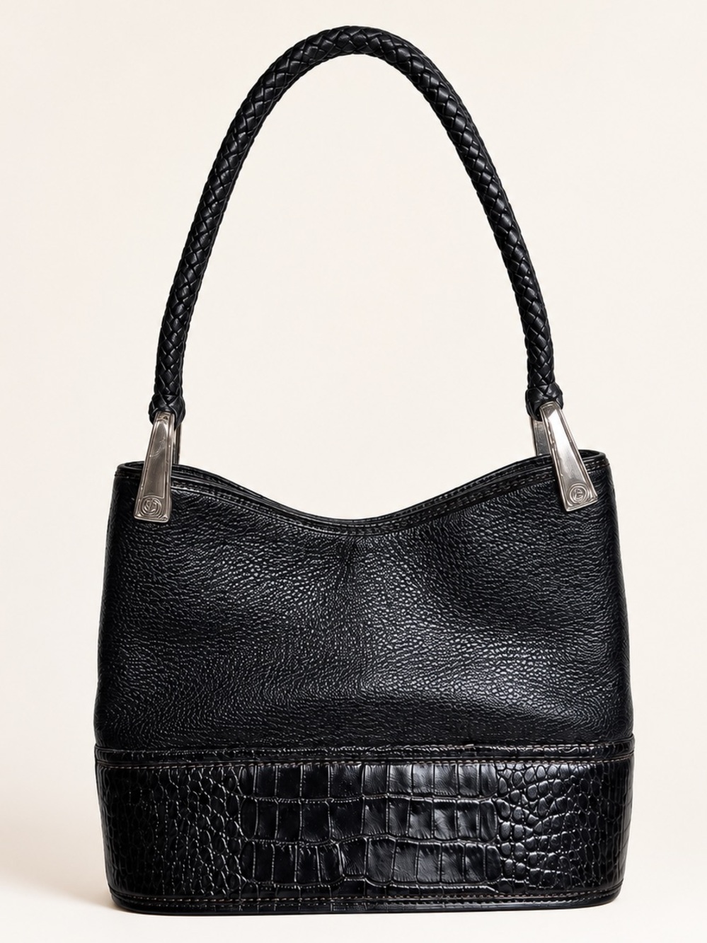 Brighton Black Leather Shoulder Bag Croc Embossed Woven Handle Purse EUC